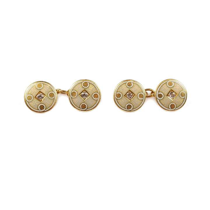 Pair of early 20th century gold, enamel and diamond round panel cufflinks